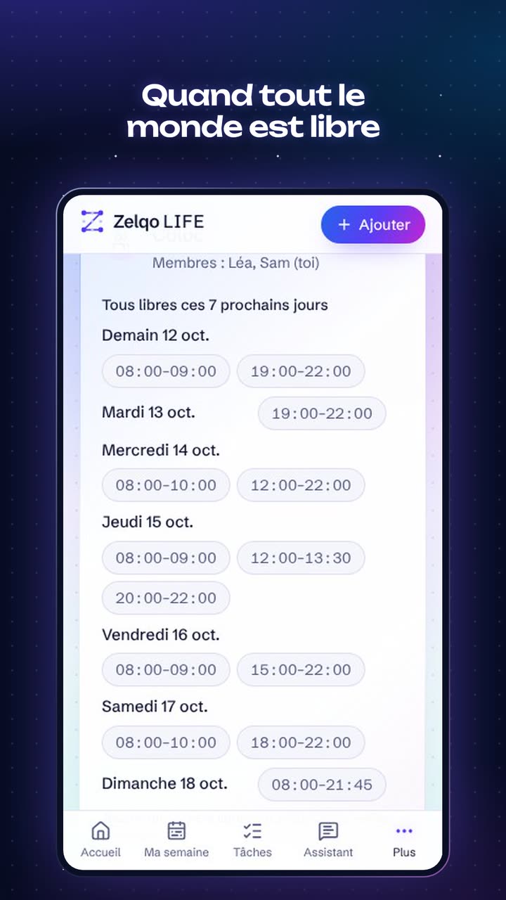 Un groupe dans Zelqo LIFE : les moments où tout le monde est libre ces 7 prochains jours, jour par jour.